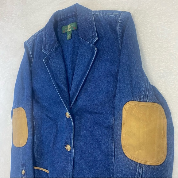 Vintage Orvis Denim Jean Chore Jacket Blazer Leather Elbow Patch Womens Size 8 - Picture 2 of 10